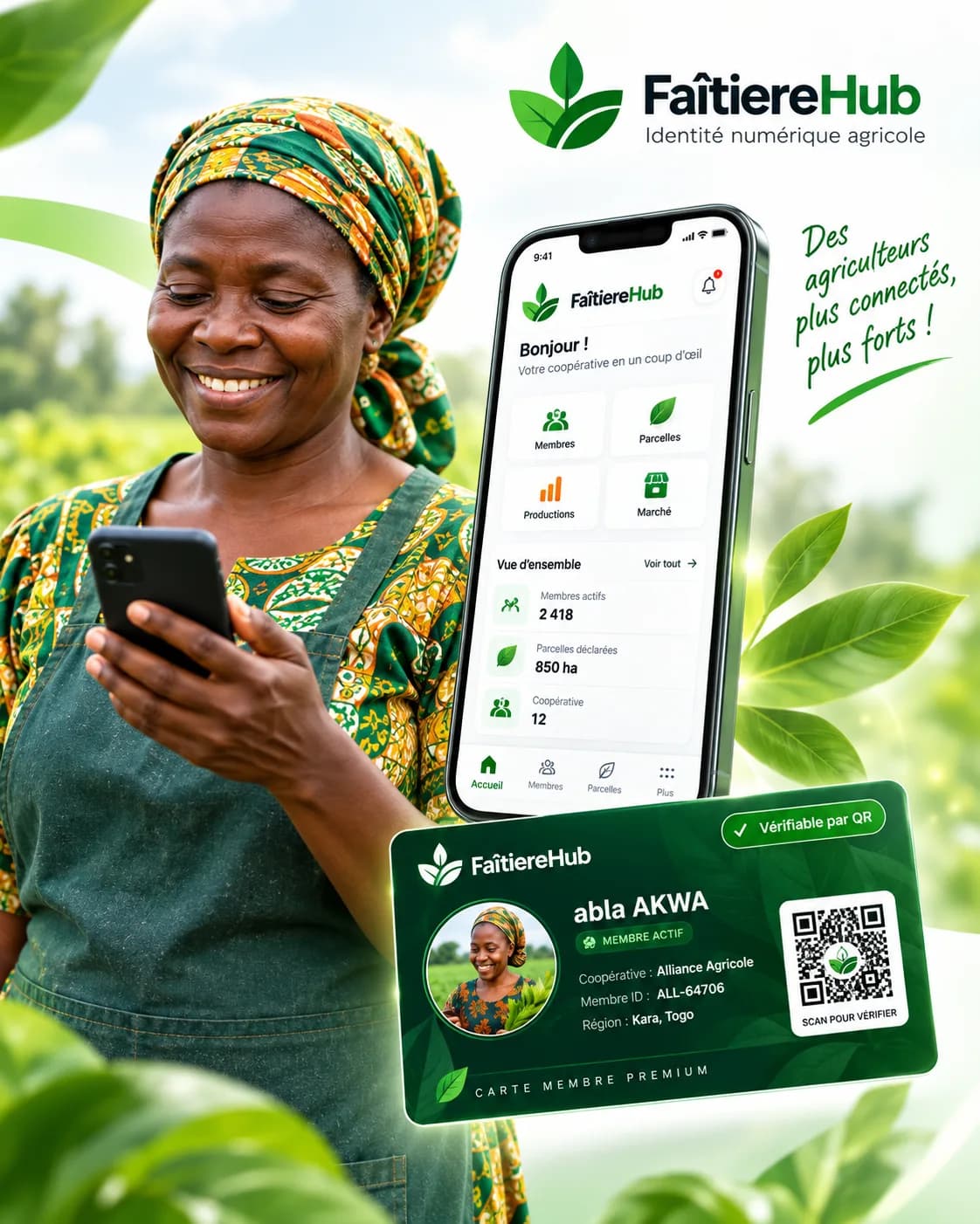 Agricultrice consultant le tableau de bord FaîtiereHub, à côté d'une carte membre vérifiable par QR code