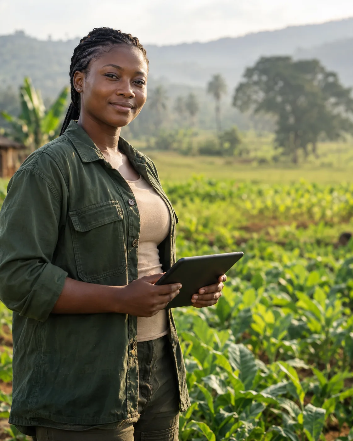Opératrice agricole utilisant une tablette dans un champ